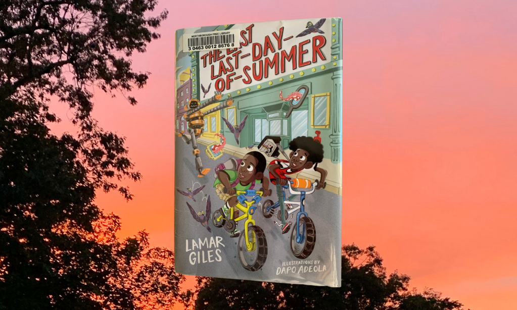 A book titled THE LAST LAST-DAY-OF-SUMMER set against an image of a sunset.