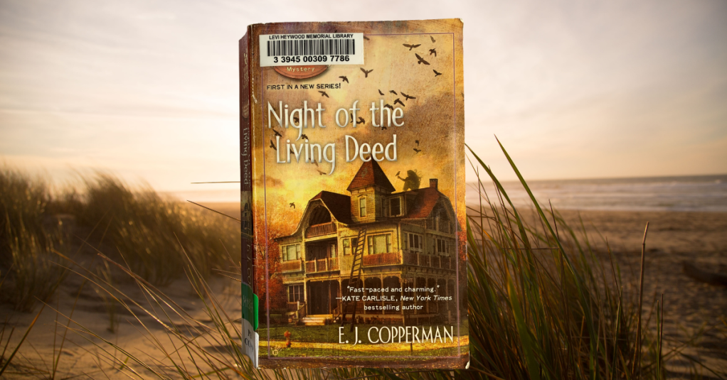 NIGHT OF THE LIVING DEED by E. J. Copperman with a stock photo of beach dunes as a background.